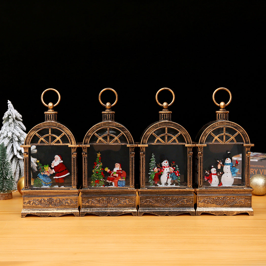 Nostalgic Christmas lantern with snowfall and moving Santa Claus scene Stornfield