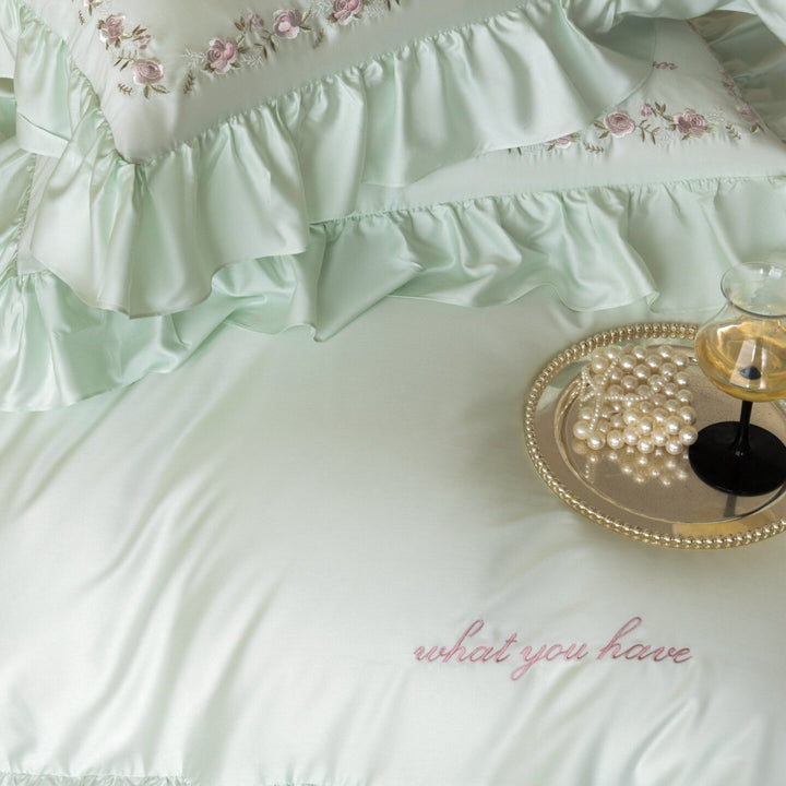 Frilled Embroidered Cotton Sateen Duvet Cover Set