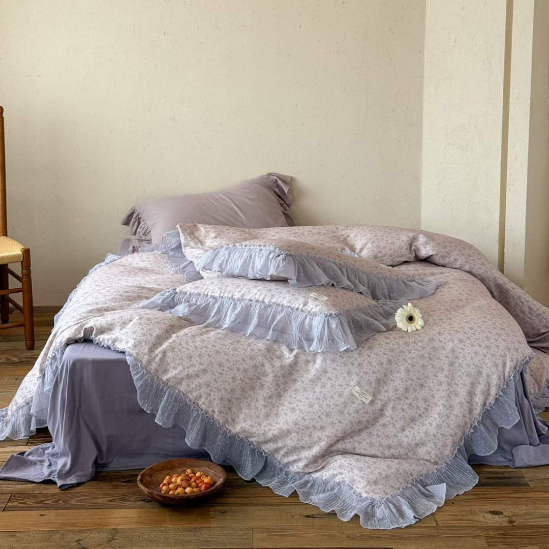 Ruffled-Trim Cotton Sateen Duvet Cover Set with Floral Microprint and Decorative Pillow Shams