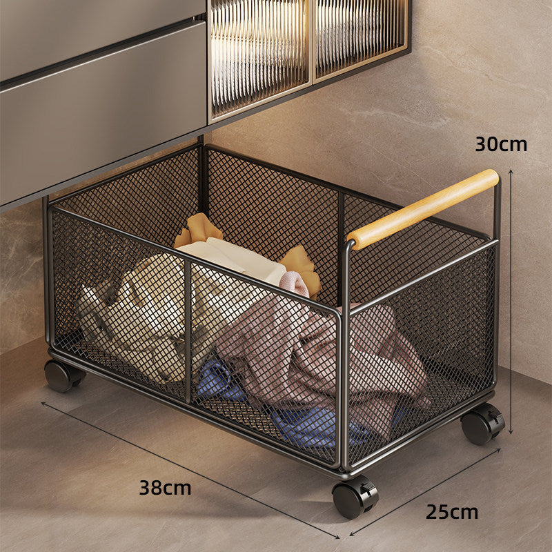 Large Rectangular Metal Mesh Utility Basket with Wooden Handle