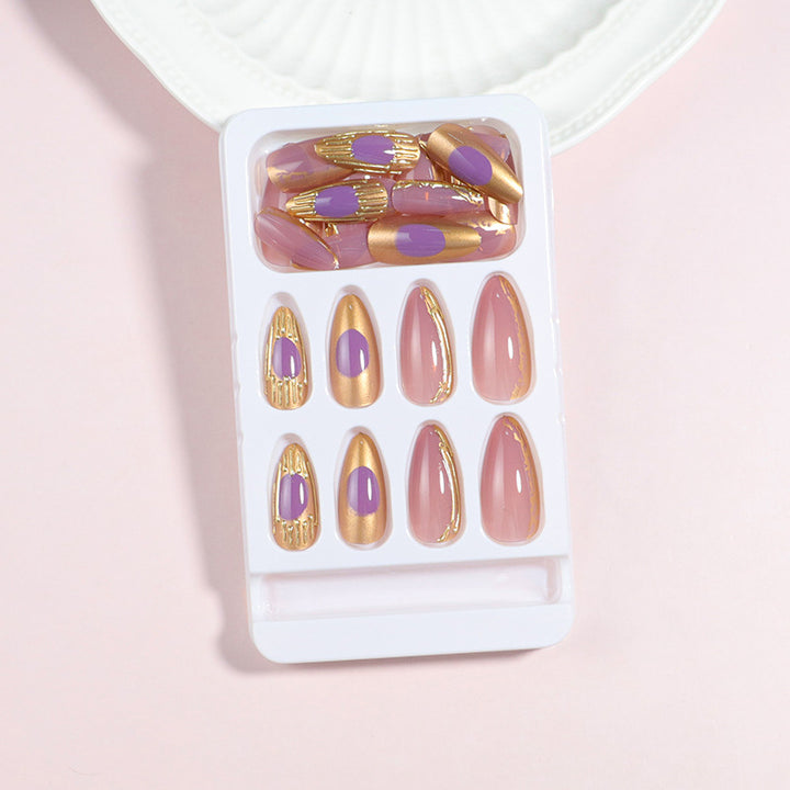 Artistic Press-On Nail Set with Gold and Purple Accents Stornfield