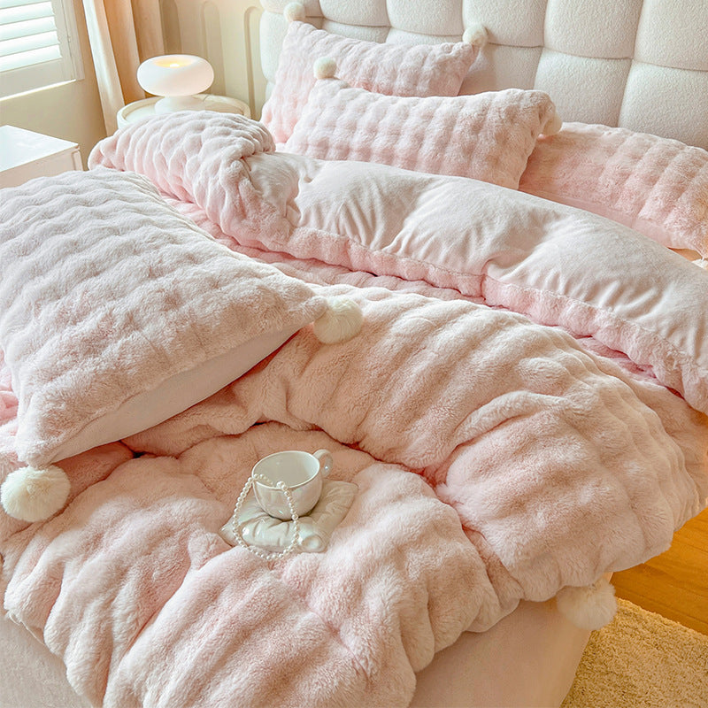 Plush Waffle-Texture Pom-Pom Duvet Cover Bedding Set