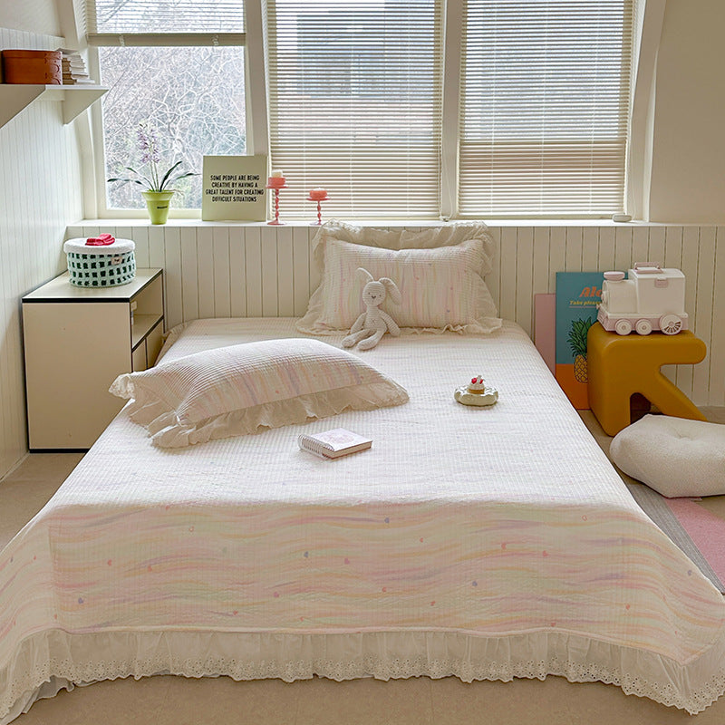 Quilted Polka Dot Cotton Bedspread Set with Eyelet Lace Ruffled Shams