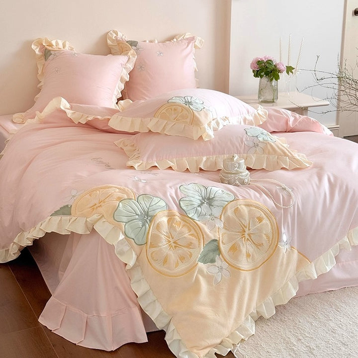 Ruffled Lemon Embroidered Duvet Cover Set with Decorative Shams