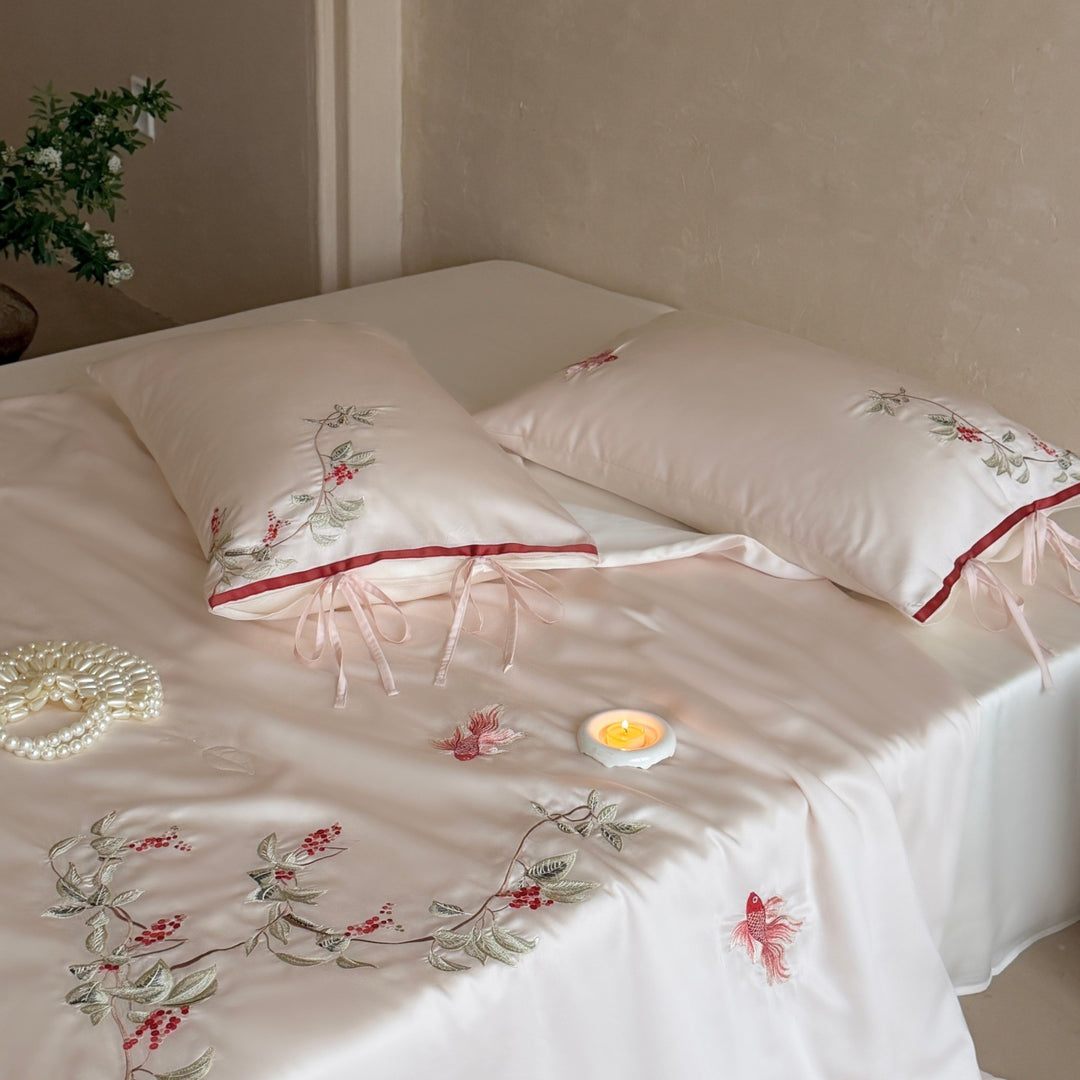 Embroidered satin bedding set with floral decorative embroidery and silky-soft feel Stornfield