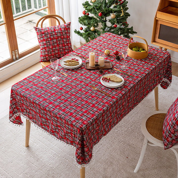 Festive Plaid Pom-Pom Trim Rectangular Tablecloth