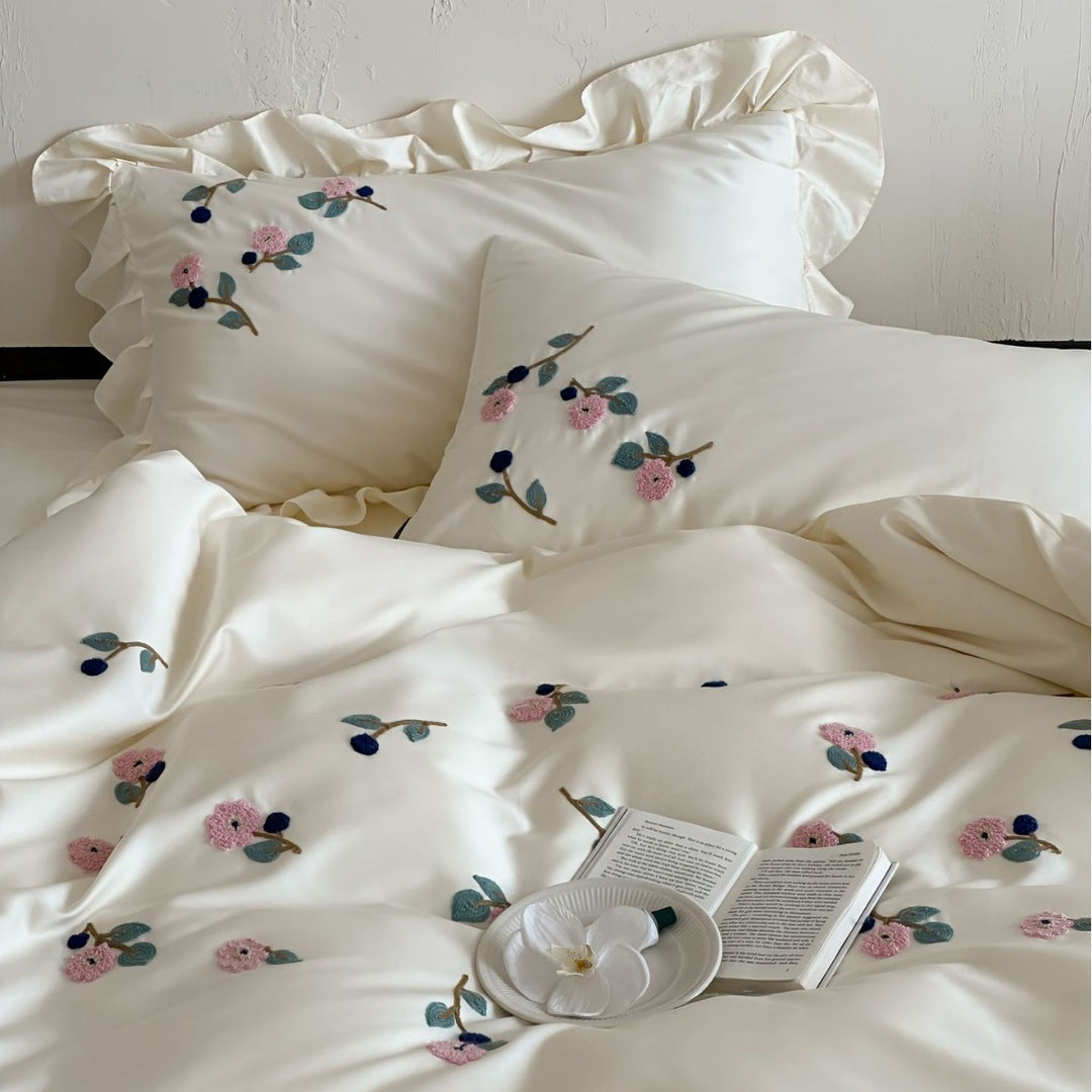 Floral Embroidered Satin-Feel Duvet Cover Set with Pillow Shams