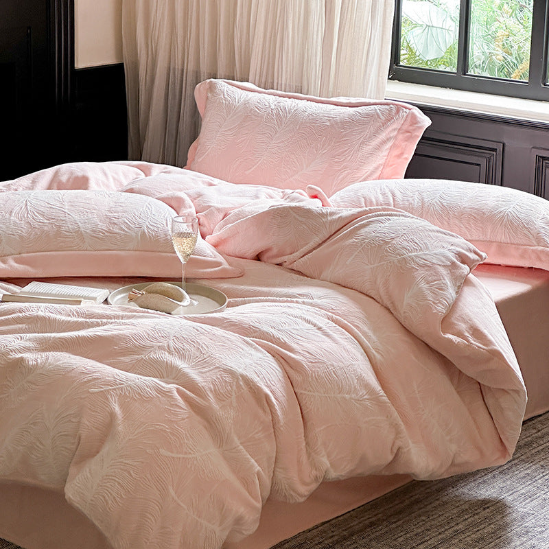 Plush Embossed Feather-Texture Duvet Cover Set with Deep-Pocket Shams