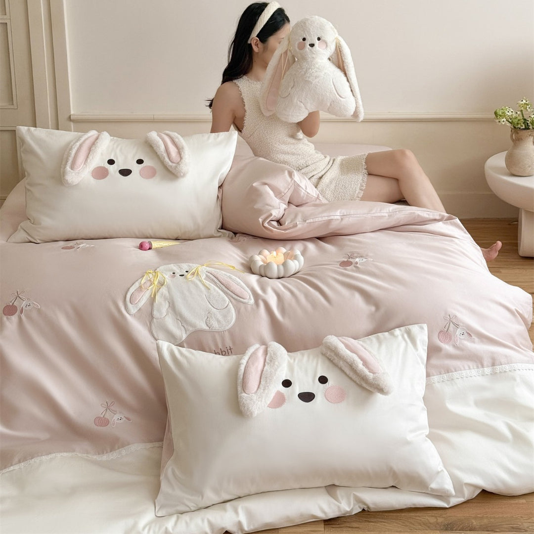 Plush 3D Bunny Appliqué Embroidered Cotton Sateen Duvet Cover Set