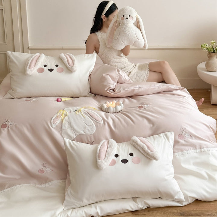 Plush 3D Bunny Appliqué Embroidered Cotton Sateen Duvet Cover Set