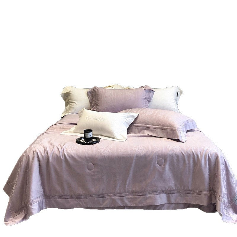 Premium bedding set made of cotton satin with subtle circle stitching and hotel closure