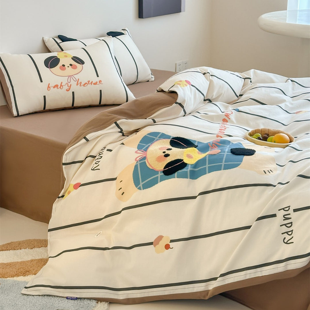 Children's Cartoon Puppy Duvet Cover Bedding Set with Reversible Stripe Pattern and Pillow Shams