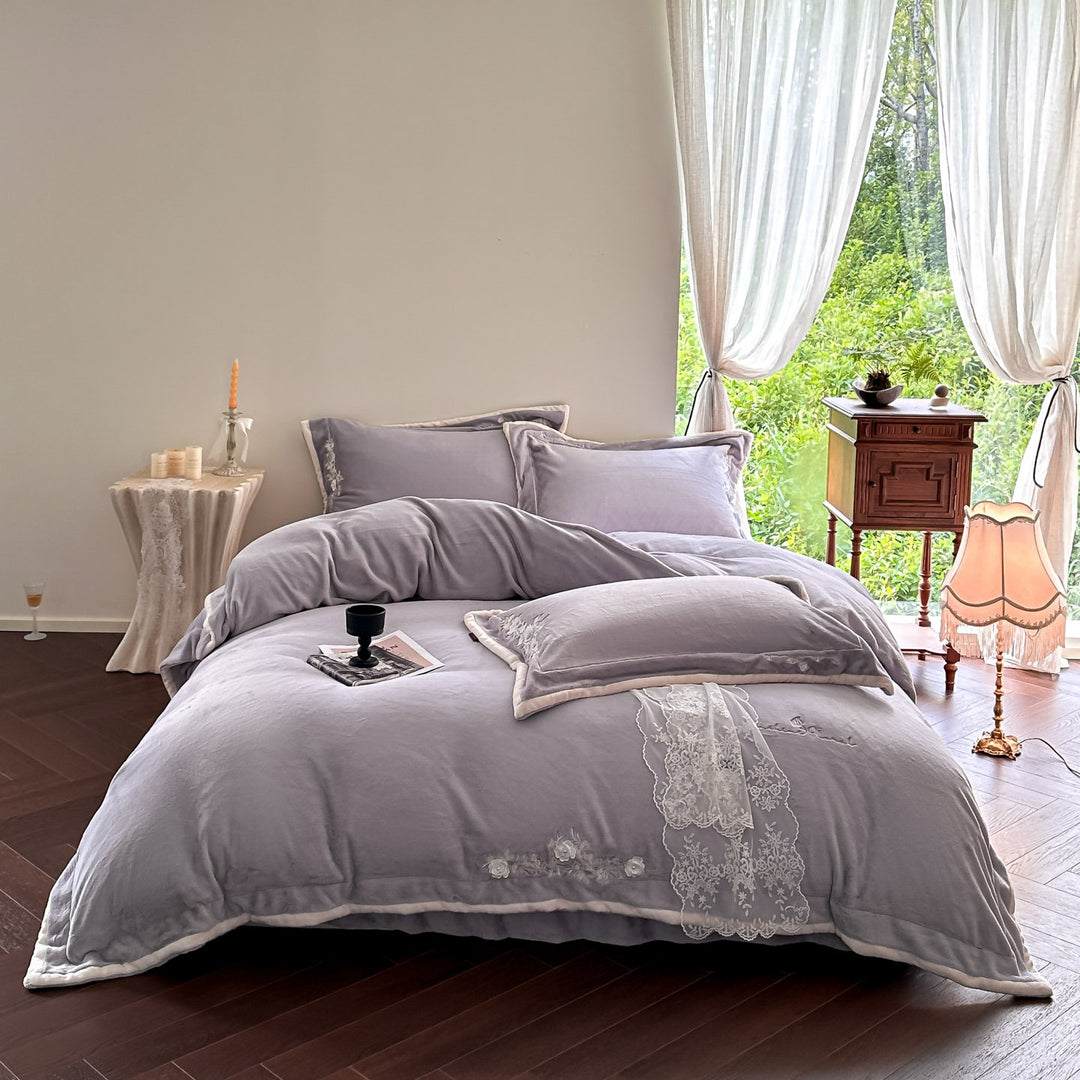 Luxury Embroidered Velvet Duvet Cover Set with Ruffle Skirt and Pillow Shams