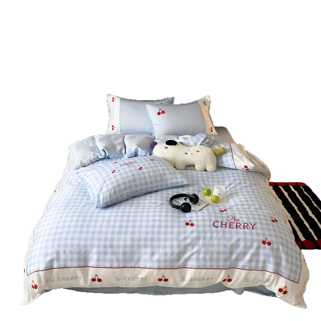 Pastel Gingham Cherry Embroidered Bedding Duvet Cover Set with Satin-Edge Pillow Shams