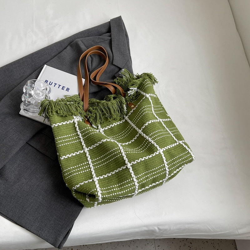 Textured Woven Tote Handbag