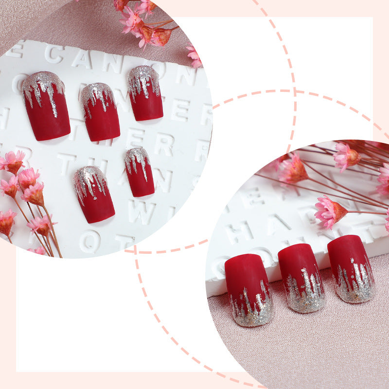 Artistic Press-On Nail Set with Silver Drip Design Stornfield