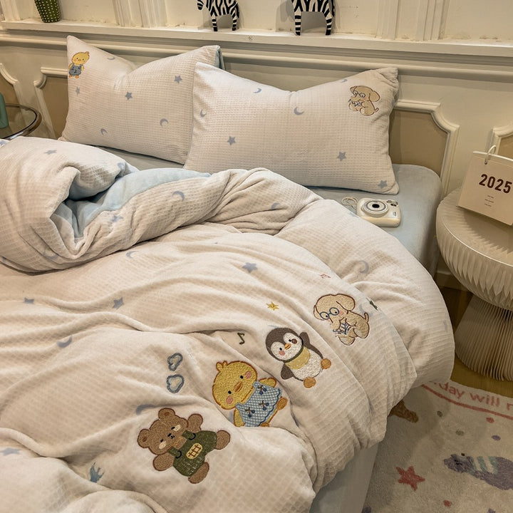 Reversible Flannel Duvet Comforter Set with Embroidered Elephant and Heart Motif