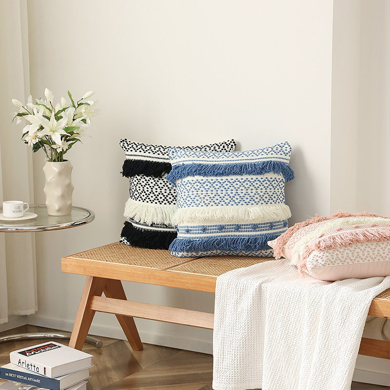 Woven decorative cushion cover with 3D dot structure and layered fringes Stornfield