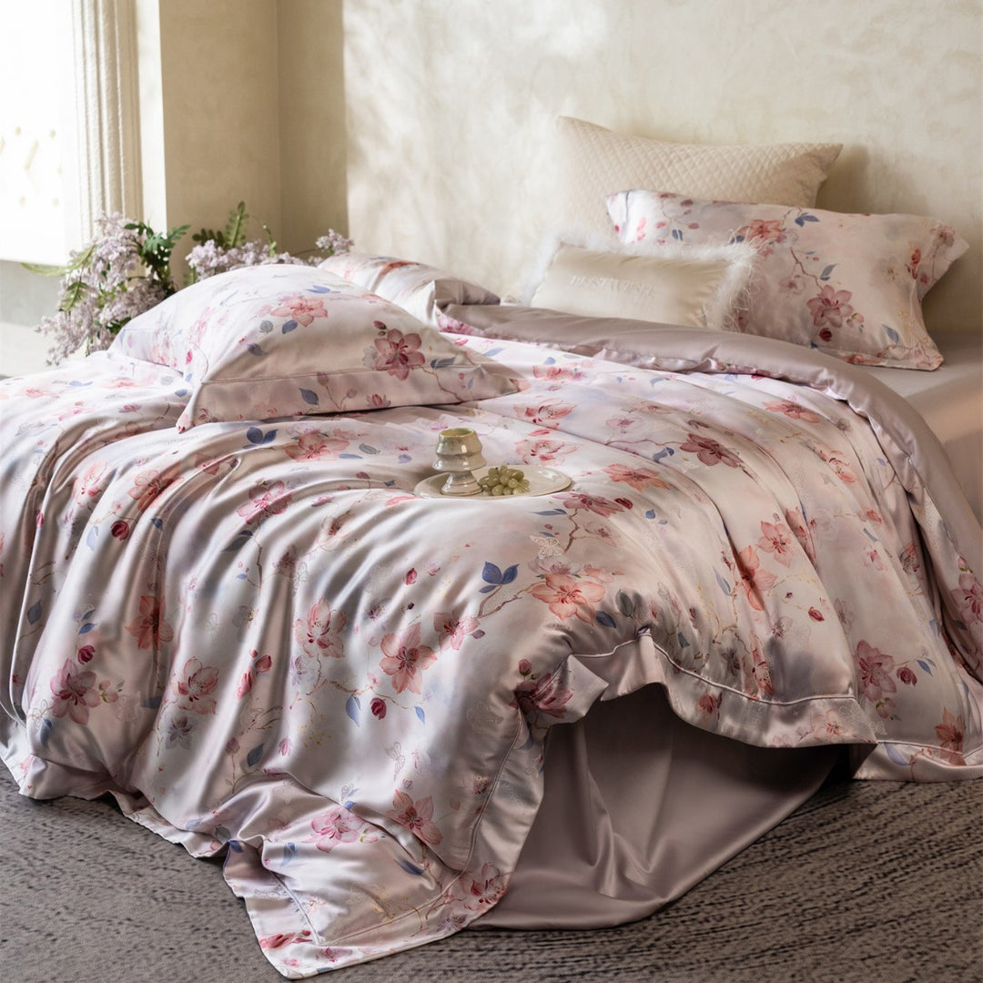 Silk-Effect Floral Satin Duvet Cover Set with Reversible Back & Hidden Zipper