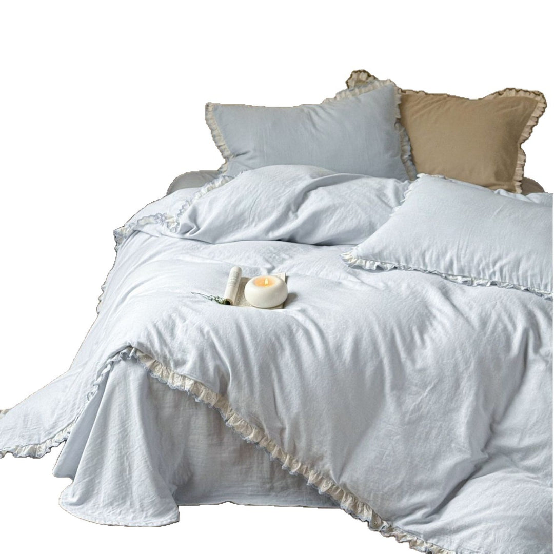 Ruffled Lace-Trim Washed Cotton Duvet Cover Set with Pillow Shams