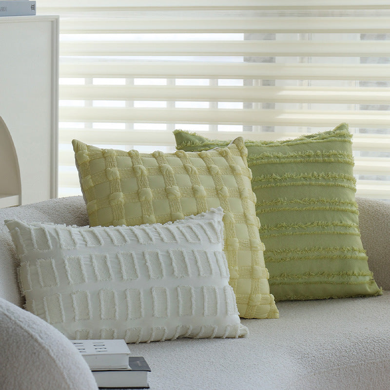 Square decorative pillow cover made of cotton blend with relief rectangular tufts and fringed edge Stornfield