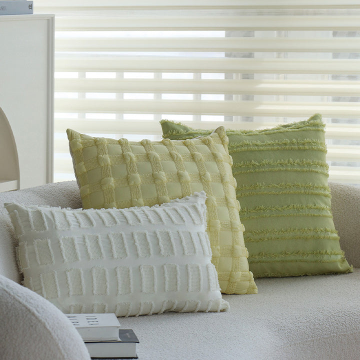 Square decorative pillow cover made of cotton blend with relief rectangular tufts and fringed edge Stornfield