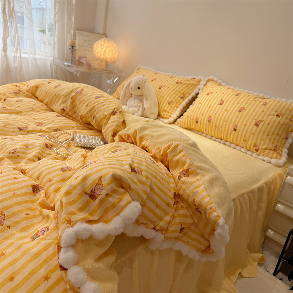 Cute bedding set with teddy fleece reversible function and pompom edge