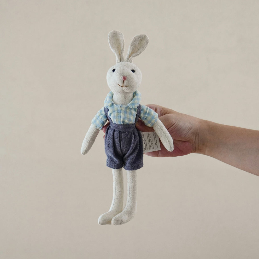Handmade Rustic Linen Bunny Doll with Long Limbs and Checked Cotton Shirt