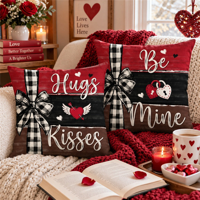 Decorative Cotton-Linen Valentine's Heart and Rose Print Square Throw Pillow Cover with Hidden Zipper