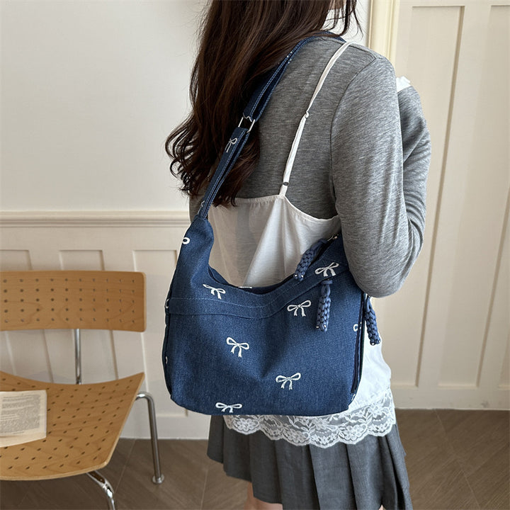 Embroidered Denim Shoulder Bag