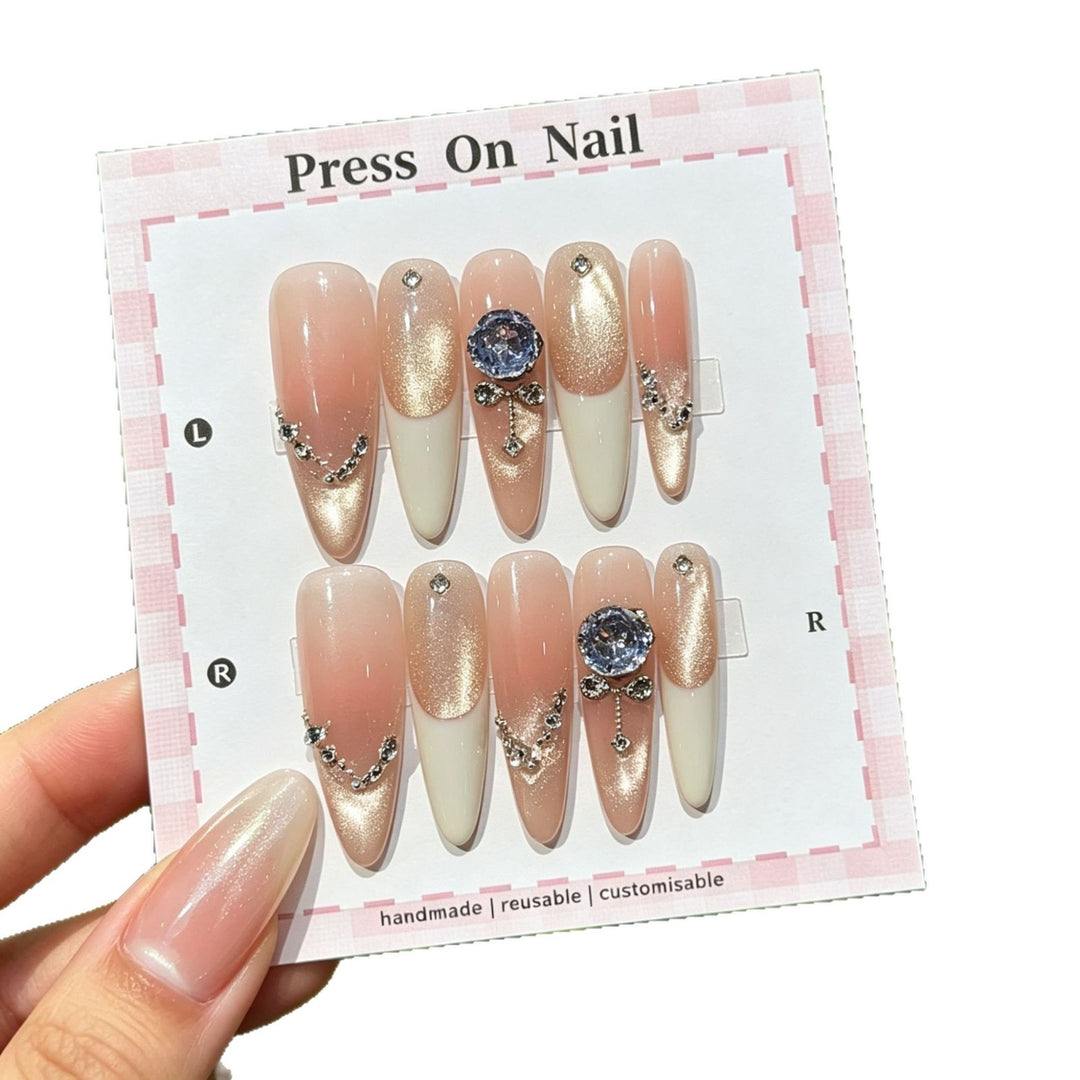 Decorative Press-On Nail Set with Gem Accents  1791774365