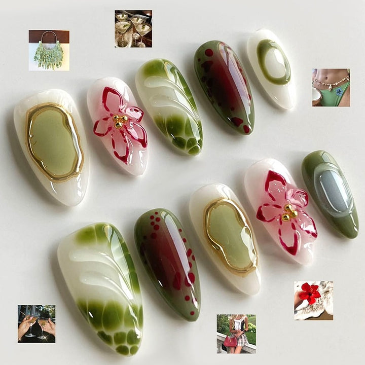 Artificial nail set with elegant floral designs and color accents Stornfield