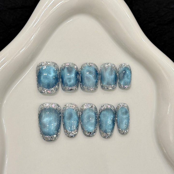 Glittery Press-On Nail Art Set with Silver Accents