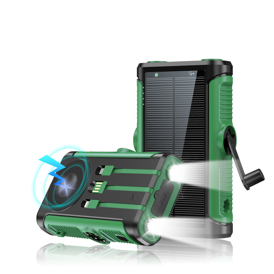 Portable solar battery with integrated hand crank charger Stornfield