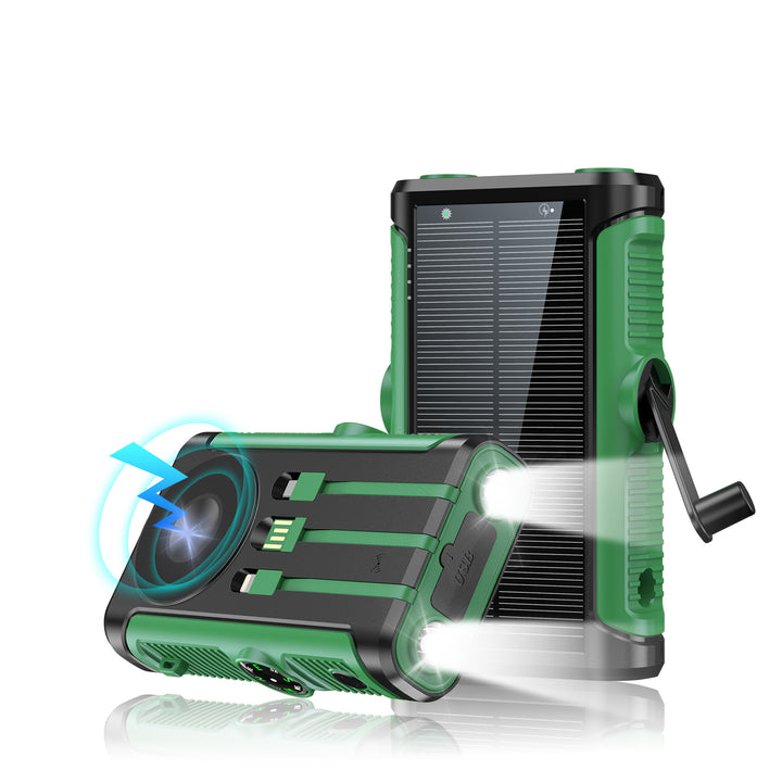 Portable solar battery with integrated hand crank charger Stornfield