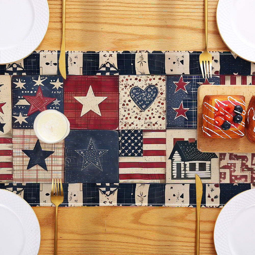 Distressed American Flag Cotton-Linen Table Runner with Patriotic Stars and Stripes Print