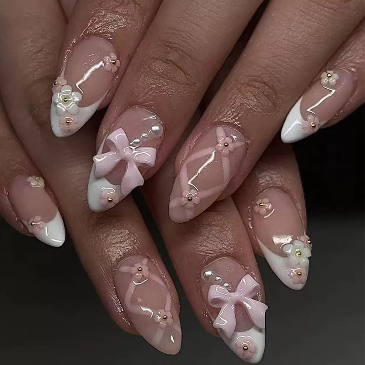 Acrylic Nail Set with Elegant Bows and Floral Accents Stornfield