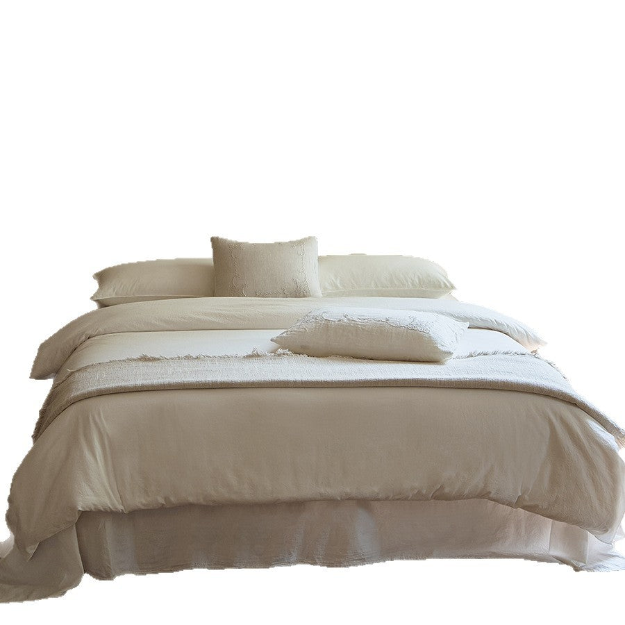Washed Linen-Blend Duvet Cover Set with Embroidered Accent Cushion & Deep-Pocket Fitted Sheet