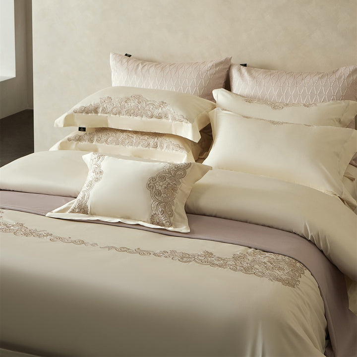 Embroidered Sateen Duvet Cover Set with Lace-Edge Pillow Shams