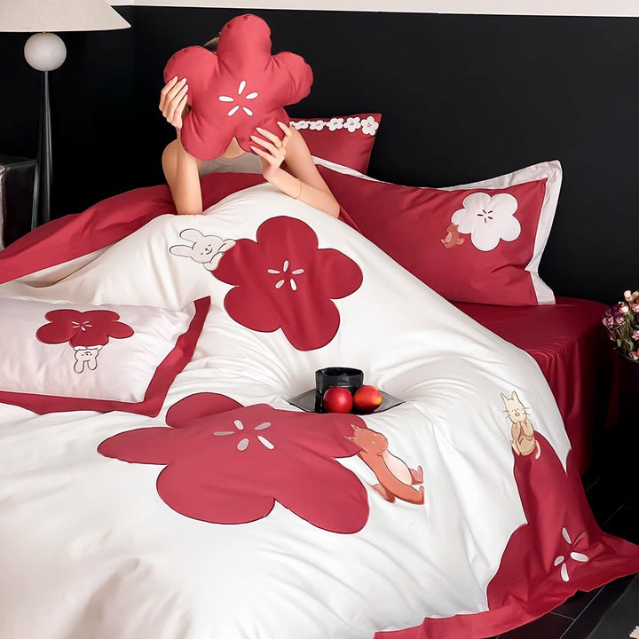 Floral Appliqué Cotton-Sateen Duvet Cover Set with Decorative Pillow Shams