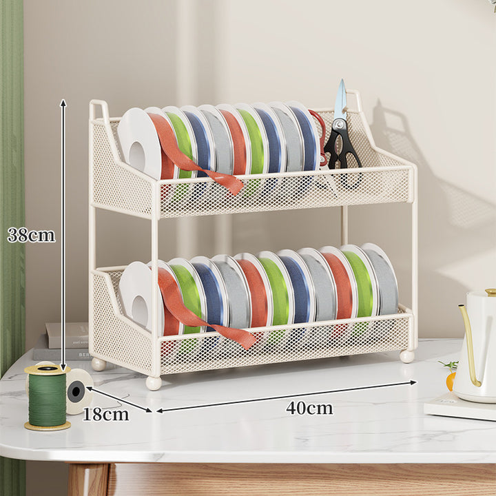 Metal Mesh Ribbon and Tape Spool Organizer with Integrated Scissor Slot