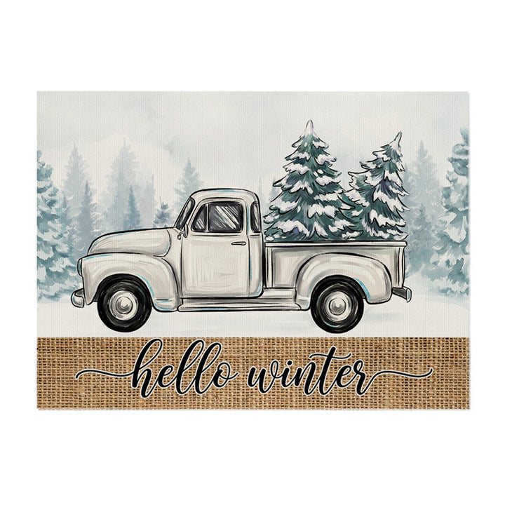 Festive Cotton-Linen Holiday Banner Tapestry with Illustrated Pine Trees and 'Merry Christmas' Script