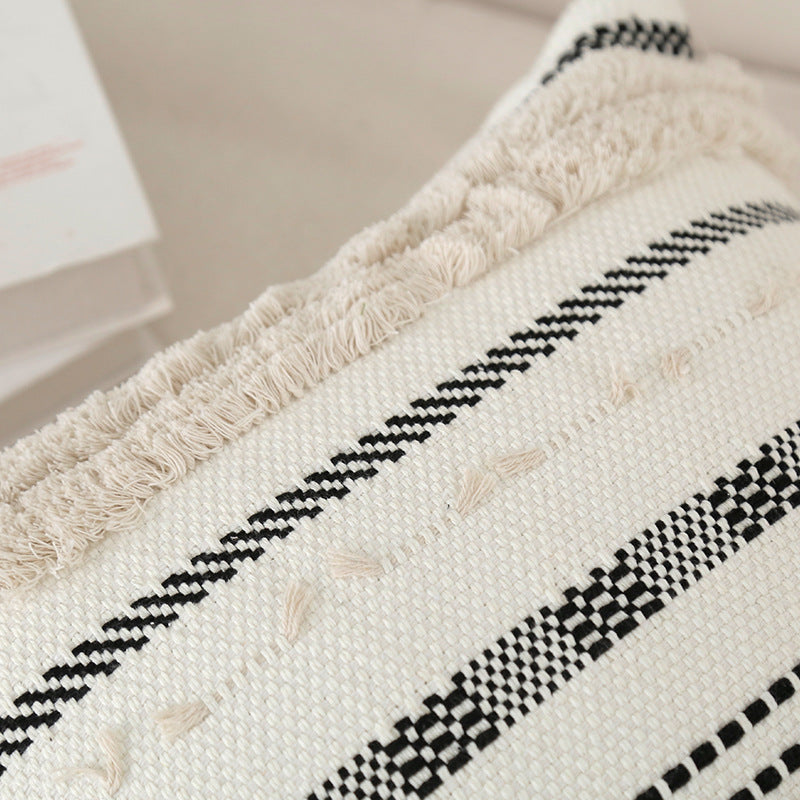 Decorative Cotton Tufted Square Throw Pillow with Tassel Corners and Geometric Stripe Embroidery