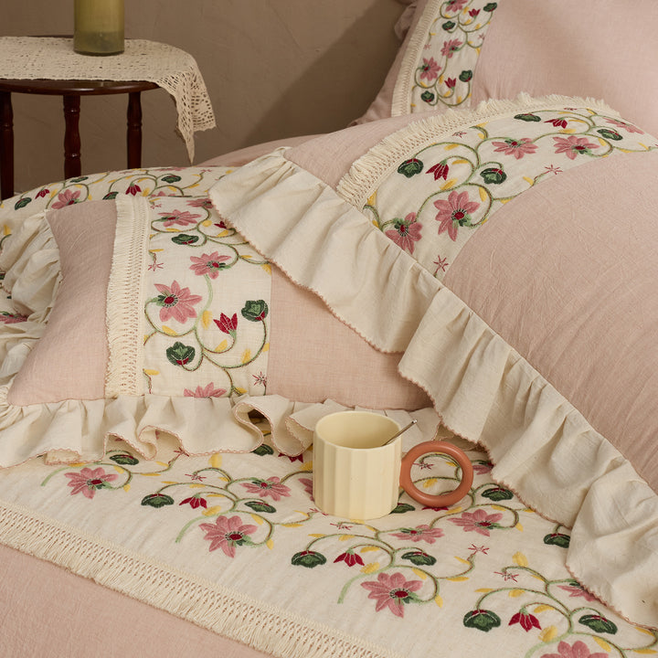 Ruffled Embroidered Floral Cotton Duvet Cover Set with Lace Trim & Decorative Shams