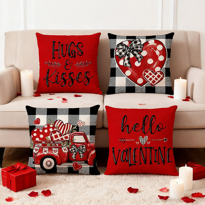 Square Cotton-Linen Decorative Pillow Cover with 'Hugs & Kisses' Handlettered Script and Laurel Accent