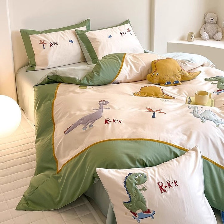 Embroidered Cartoon Rabbit Cotton Sateen Duvet Cover Set with Plush Accent Pillow
