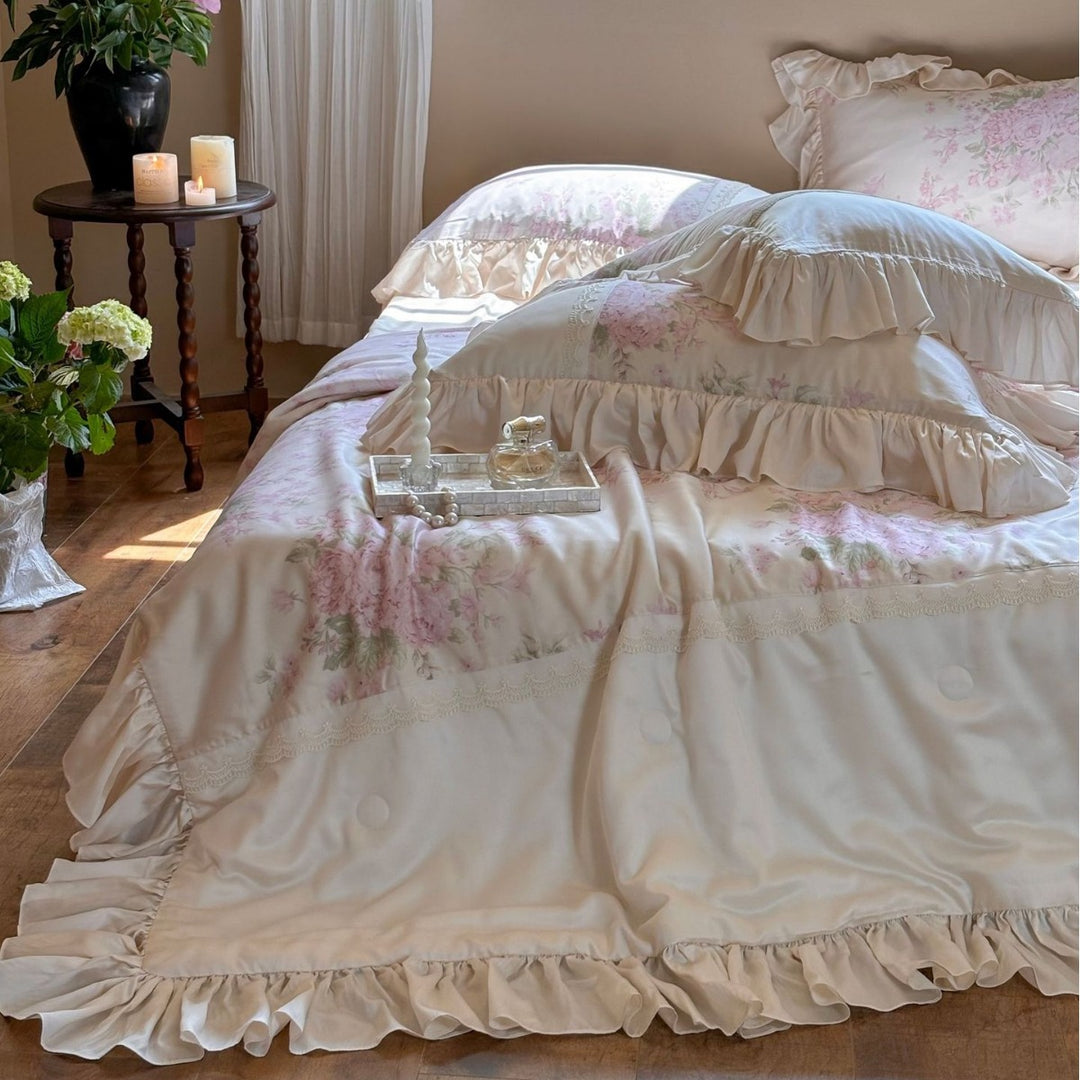 Ruffled satin pillowcase with flounce, lace border, and floral insert