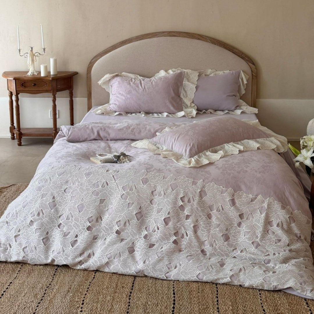 Cutwork Floral Embroidered Cotton Duvet Cover Set with Eyelet Ruffle Shams