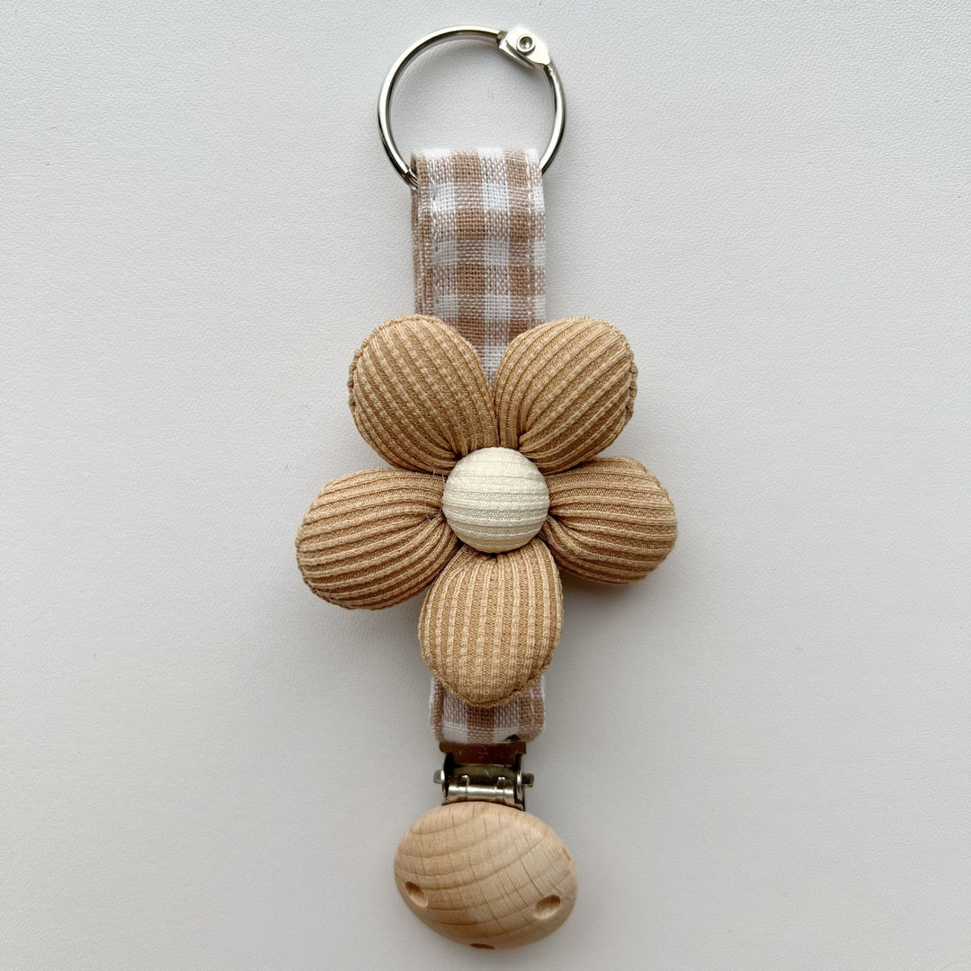 Cotton Gingham Strap Pacifier Clip with Padded Floral Comforter and Wooden Safety Clamp