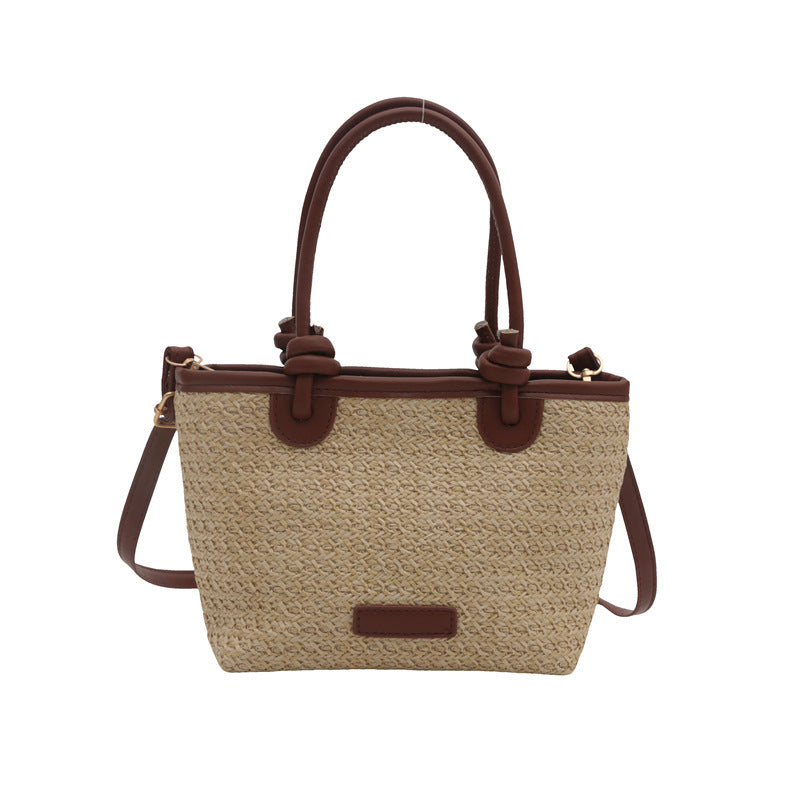 Woven Straw Tote Handbag with Leather Accents